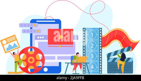 Animation and motion design flat background with team working on computer creating animated video vector illustration Stock Vector