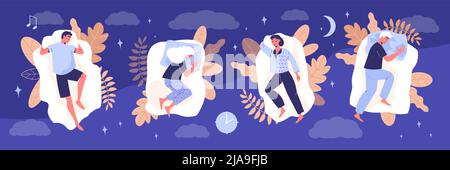 Healthy sleep poses composition with night symbols flat vector illustration Stock Vector