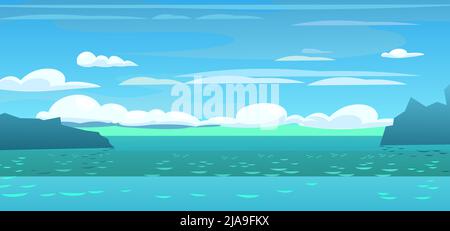 Cartoon style coastal harbor ocean. Blue sea. Marine view. Rocks with passage for ships. Sea on horizon. Summer clouds. illustration vector. Stock Vector