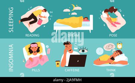 Insomnia and sleeping design concept with reading symbols flat vector illustration Stock Vector