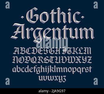 Gothic beveled font, decorative silver metallic 3d blackletter typeface. Uppercase and lowercase. Vector illustration. Stock Vector