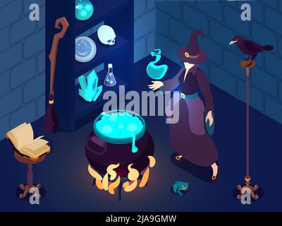 Isometric wizard magic composition with indoor scenery and female character in hat cooking potion with artifacts vector illustration Stock Vector