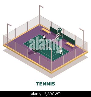 Tennis isometric composition with isolated text and sport playground with playing people with rackets and ball vector illustration Stock Vector