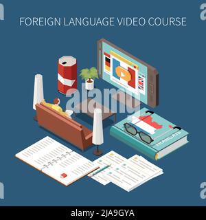 Isometric foreign language video course composition with 3d images of smartphone notebook textbook and human character at home 3d vector illustration Stock Vector