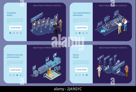 Digital twin technology isometric horizontal banners set with production optimization virtual models car improving 3d isolated vector illustration Stock Vector