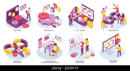 Job of devops engineer isometric compositions set with people activities computers infinity symbols isolated on white background 3d vector illustratio Stock Vector