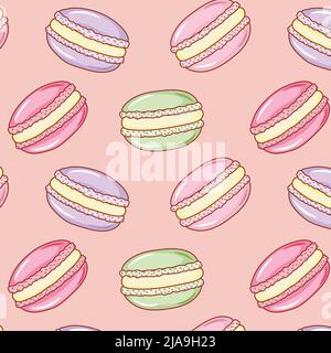 Dessert french macaroons or macaron. Seamless vector pattern for paper, wrapping, fabrics. Vintage illustration art pastel colors on pink background. Stock Vector