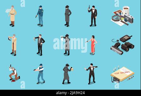 Detective spy special agent isometric set with male and female human characters weapons and equipment for surveillance isolated on blue background 3d Stock Vector