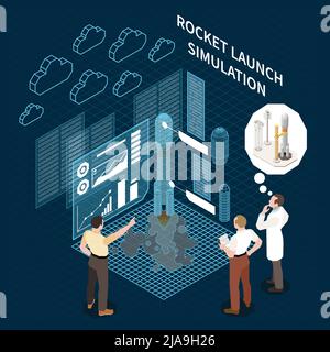 Digital twin technology composition with 3d rocket launch simulation process and three human characters on dark background vector illustration Stock Vector