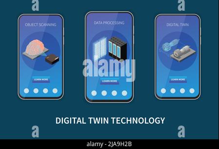 Isometric digital twin technology mobile banners set with 3d turbine engine object scanning and data processing isolated vector illustration Stock Vector