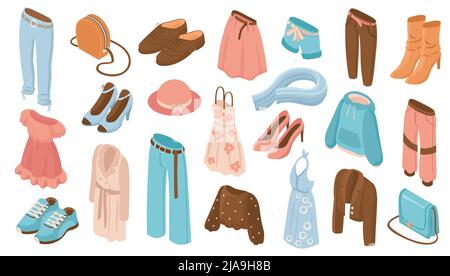 Isometric color set of 3d fashion clothing items shoes and accessories for women isolated on white background vector illustration Stock Vector
