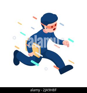 Flat 3d Isometric Hacker or Thief Stealing Folder. Hacker and Cyber Crime Concept. Stock Vector