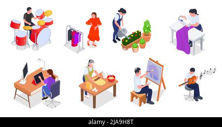 Hobby set with men and women sewing playing guitar working on tablet playing drums painting cooking watering flowers isometric isolated 3d vector illu Stock Vector