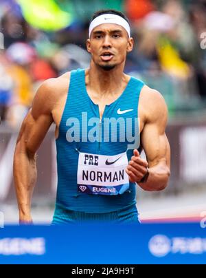 May 28, 2022 Eugene OR USA: Michael Norman waiting at the starting blocks for the 400 meter race during the Nike Prefontaine Classic at Hayward Field Eugene, OR Thurman James/CSM Stock Photo