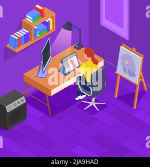 Hobby isometric background with woman web designer or artist working on tablet in her room with bookshelves and easel 3d vector illustration Stock Vector