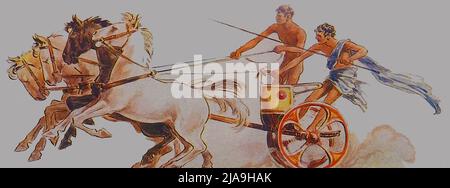 A 1930's colour illustration of a Greek chariot with two occupants and three horses Stock Photo