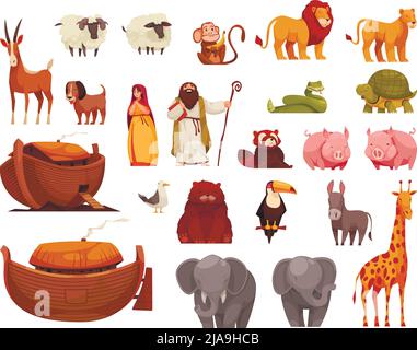 Noahs ark set of isolated icons with human characters of bible characters with animals and boat vector illustration Stock Vector