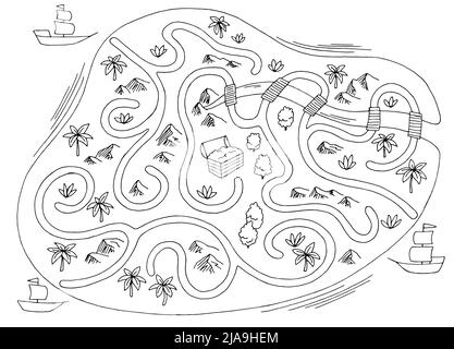 Treasure maze graphic black white sketch top aerial view illustration vector Stock Vector