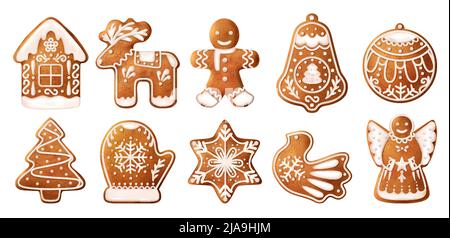 Realistic christmas gingerbread cookies icon set ten cookies of different shapes decorated with white icing vector illustration Stock Vector