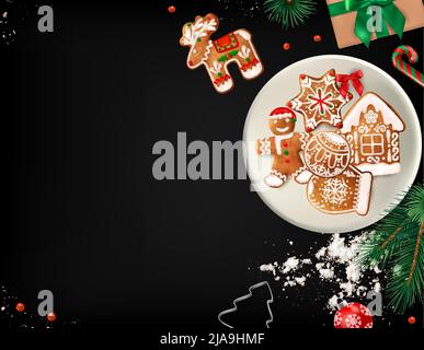 Realistic christmas blackboard composition with christmas gingerbread cookies lying on the plate vector illustration Stock Vector