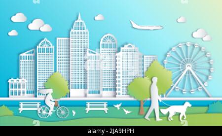 Paper city elements composition with outdoor landscape with paper silhouettes of tall buildings people and clouds vector illustration Stock Vector