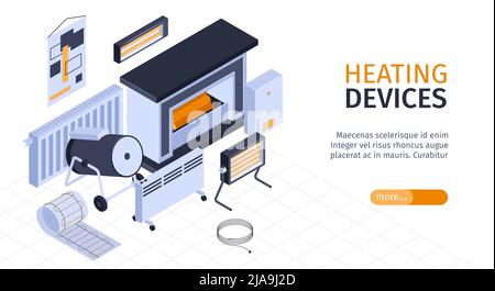 Heating system and boiler horizontal banner with convector and fireplace isometric vector illustration Stock Vector