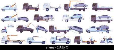 Tow trucks for help on road with towed auto transport flat set isolated vector illustration Stock Vector