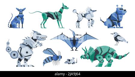 Robot toy animal color icon set with isolated images of wild and domestic animals shaped droids vector illustration Stock Vector