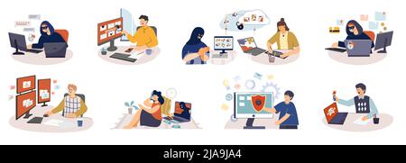 Set of flat isolated computer people danger compositions with characters of cyber thieves and frightened users vector illustration Stock Vector