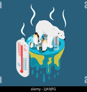 Global warming isometric composition with images of white bear and penguins suffering from heat with thermometer vector illustration Stock Vector