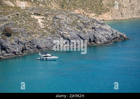 Bout at beach  Pallas near  Lindos city in Greece. Stock Photo