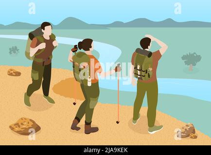 Isometric hiking composition with outdoor wild scenery and three friends with their backpacks and walking sticks vector illustration Stock Vector