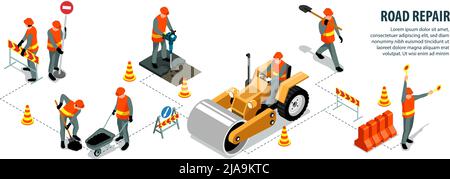 Isometric road repair infographics with editable text and characters of workers with machinery tools and cones vector illustration Stock Vector