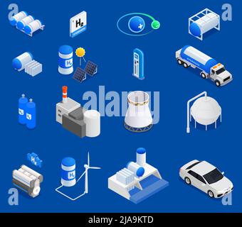 Isometric set with 3d icons showing hydrogen production from renewable sources wind solar energy storage car on blue background isolated vector illust Stock Vector