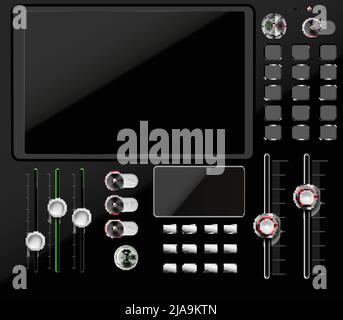 Dashboard elements realistic composition with flat view of control panel with big screen knobs and switches vector illustration Stock Vector