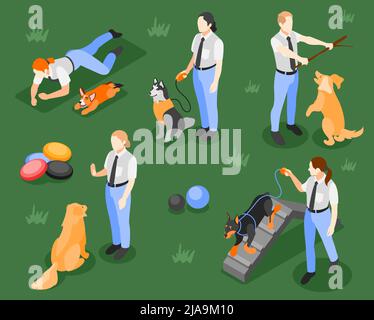 Dog school isometric background with isolated dogs characters of teachers giving commands with play equipment images vector illustration Stock Vector