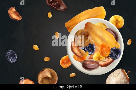 Dry fruits chalkboard with scattering of realistic fruits on black background and bowl with mix vector illustration Stock Vector