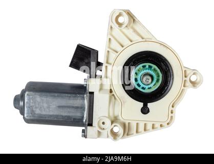 Electric window mechanism motor for a car on a white isolated background. Automotive spare parts catalog. Stock Photo