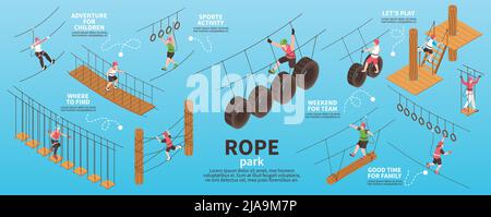 Rope park isometric infographics demonstrated weekend for team good time for family and adventure for children vector illustration Stock Vector