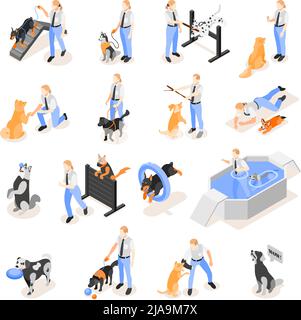Dog school isometric collection of isolated icons with human characters of trainers dogs and play equipment vector illustration Stock Vector