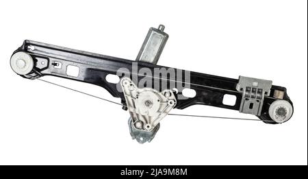 Electric window mechanism for a car on a white isolated background. Automotive spare parts catalog. Stock Photo