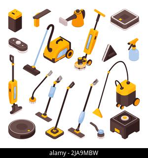 Isometric set of various cleaning gadgets with mops and robotic vacuum cleaners isolated on white background 3d vector illustration Stock Vector