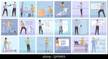 People scan codes while working buying products and using services flat composition set isolated vector illustration Stock Vector