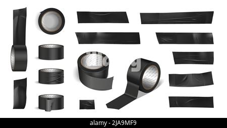 Tape roll black pieces realistic set with stationery symbols isolated vector illustration Stock Vector