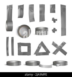 Tape roll pieces realistic set with stationery symbols isolated vector illustration Stock Vector