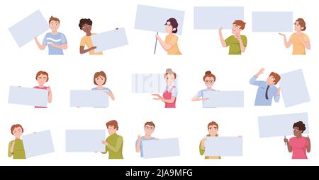 Flat set of people portraits men and women with blank banners and placards isolated on white background vector illustration Stock Vector