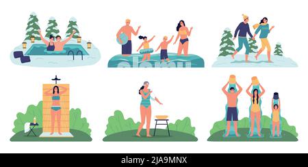 Healthy life hardening color set of isolated compositions with happy family members chilling outdoors in winter vector illustration Stock Vector