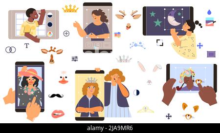 Photo edit instrument set with flat isolated icons of doodle stickers and smartphone screens with hands vector illustration Stock Vector