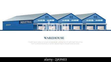 Industrial warehouse flat composition with three similar large storage hangars with gates for transport vector illustration Stock Vector