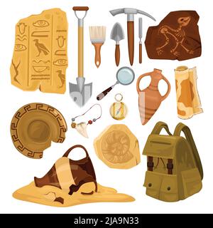Set with isolated archeology ancient artifacts icons with images of digging tools and elements of antiquity vector illustration Stock Vector